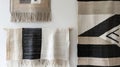 In the second image a trio of smaller woven wall hangings are displayed in a staggered formation. Each piece features a