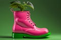 The second life of a fashionable bright pink boots used as flower pots. Generative ai