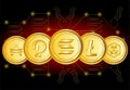 Token cryptocurrency set. Currency on future internet. Digital online technology  stock market. Gold coin symbol crypto currencies Royalty Free Stock Photo