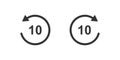 10 second rewind and fast forward icons with circle arrows. Round repeat and next buttons isolated on white background