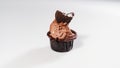 second.series of six photos.eating Chocolate cupcake with cream.white background Royalty Free Stock Photo