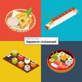 Second set of four Japanese dishes, flat isomeric illustration, sushi and rolls