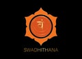 Second Swadhisthana chakra with the Hindu Sanskrit seed mantra Vam. Orange and Gold flat design style symbol for meditation, yoga