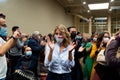 The Vice President and Minister of Labor and Social Economy of the Spanish government Yolanda DÃÂ­az is seen clapping and smi