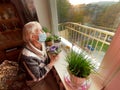 The Covid-19, health, safety and pandemic concept - senior old lonely woman sitting near the window Royalty Free Stock Photo