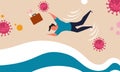 Second wave vaccine tsunami and businessman health fall with economic. Coronavirus risk and flu vector illustration concept. Death