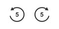 5 seconds rewind and fast forward icons. Round repeat and next buttons with circle arrows isolated on white background