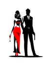 Secret Agent with gun and glass. Woman in red turned his back to us Royalty Free Stock Photo