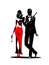 Secret Agent with gun and glass. Woman in red turned his back to us Royalty Free Stock Photo