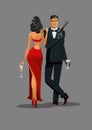 Secret Agent with gun and glass. Woman in red turned his back to Royalty Free Stock Photo
