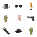 Secret agent icons set, cartoon style Royalty Free Stock Photo