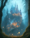 Secret castle in the forest. Night, lights and mystery