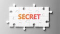 Secret complex like a puzzle - pictured as word Secret on a puzzle pieces to show that Secret can be difficult and needs Royalty Free Stock Photo