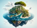 secret escapes, land above the clouds, with the blue sea and green land. Generated AI. Royalty Free Stock Photo