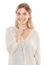 Secret, excited or portrait of happy woman with finger on lips in studio, white background for privacy. Mouth, smile or