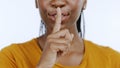 Secret, finger to lips and black woman in studio for privacy, confidential information and face on white background