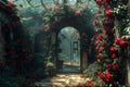 Secret garden door with roses in bloom