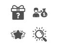 Secret gift, Star and Sallary icons. Search sign. Unknown package, Favorite, Person earnings. Find document. Vector