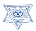 Secret knowledge vintage open book with all seeing eye of god in sacred geometry triangle, insight and enlightenment, masonry or