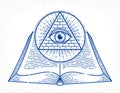 Secret knowledge vintage open book with all seeing eye of god in sacred geometry triangle, insight and enlightenment, masonry or