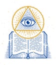 Secret knowledge vintage open book with all seeing eye of god in sacred geometry triangle, insight and enlightenment, masonry or