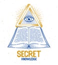 Secret knowledge vintage open book with all seeing eye of god in sacred geometry triangle, insight and enlightenment, masonry or