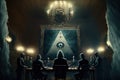 Secret meeting of Masons Dark room with the main Masonic sign on the wall. The concept of hagovor and religion. Generative AI