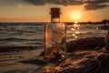 Secret message in the bottle at the seaside against the sun setting down, generated ai Royalty Free Stock Photo