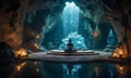 Secret mystical retreat with a serene meditation cave. AI illustration.