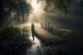 Secret Paradise peaceful hidden lake in the middle of a misty forest with a wooden pier and sun rays shining through Royalty Free Stock Photo