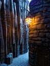 Secret passage with lighted lantern in mystic world