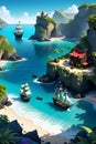A secret pirate cove hidden within a neatled coastline, with hidden entrances, anchored ships, concealed treasure stash, fantasy