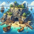 A secret pirate cove hidden within a nugged coastline, with anchored ships, concealed treasure stash, cartoon, digital art