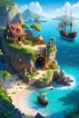 A secret pirate land within a nestled coastline, complete with hidden entrances, anchored ships, blue sea, mountain, hill, fantasy