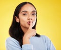 Secret, portrait and woman with finger on lips in studio, yellow background and privacy sign. Face of female model