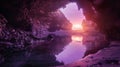 A secret river cave illuminated by the soft light of a lavender sunrise inviting explorers to unwind in its peaceful Royalty Free Stock Photo