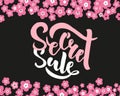 Secret Sale offer poster banner vector illustration with flowers. Text with handwritten lettering for ad, promo, web design.