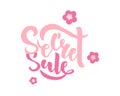 Secret Sale offer poster banner vector illustration with flowers. Text with handwritten lettering for ad, promo, web design.