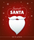 Secret Santa banner design with white beard and snowflakes on red background. Time for presents. - Vector