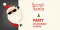 Secret Santa Claus invitation background standing behind a blank sign, showing on big blank sign. Cartoon Santa Claus