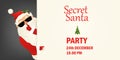 Secret Santa Claus invitation background standing behind a blank sign, showing on big blank sign. Cartoon Santa Claus