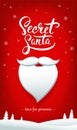 Secret Santa flyer or card design with handwritten calligraphy, white beard, snowflakes and snowy background. - Vector