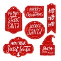 Secret Santa gift tags, red labels with text. Handwritten inscriptions from your Secret Santa, Merry Christmas, Ho ho ho