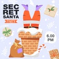 Secret Santa invitation template. Funny happy Santa Claus stuck in the chimney.