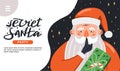 Secret Santa landing page invitation template. Santa Claus showing to be silent gesture with gift and lettering.