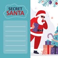 Secret santa printable banner. Christmas greeting card with Santa Claus. Funny grandfather in red costume