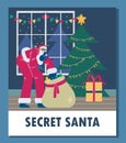 Secret Santa putting Christmas gifts under fir banner, flat vector illustration.