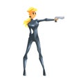 Secret Service Female Agent In Cat Suit Shooting With Gun. Blond Woman Professional Asset On Duty. Royalty Free Stock Photo