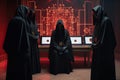 A secret society dressed in robes perform a ceremony in a sinister complex. Generative AI