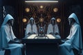 A secret society dressed in robes perform a ceremony in a sinister complex. Generative AI